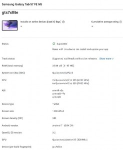 Samsung Galaxy S20 FE (GTS7XLITE) listed on the Google Play Console