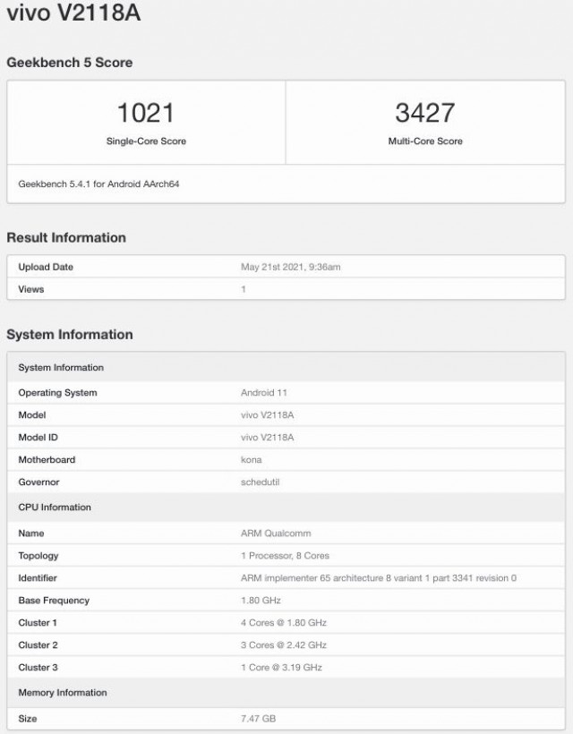 Lista de iQOO Neo5 Life Geekbench