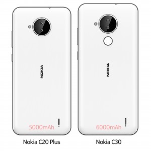 Desenhos do Nokia C20 Plus e Nokia C30 mostrando baterias de 5.000 mAh e 6.000 mAh, respectivamente