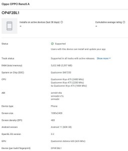 Oppo Reno5 A listing on the Google Play Console