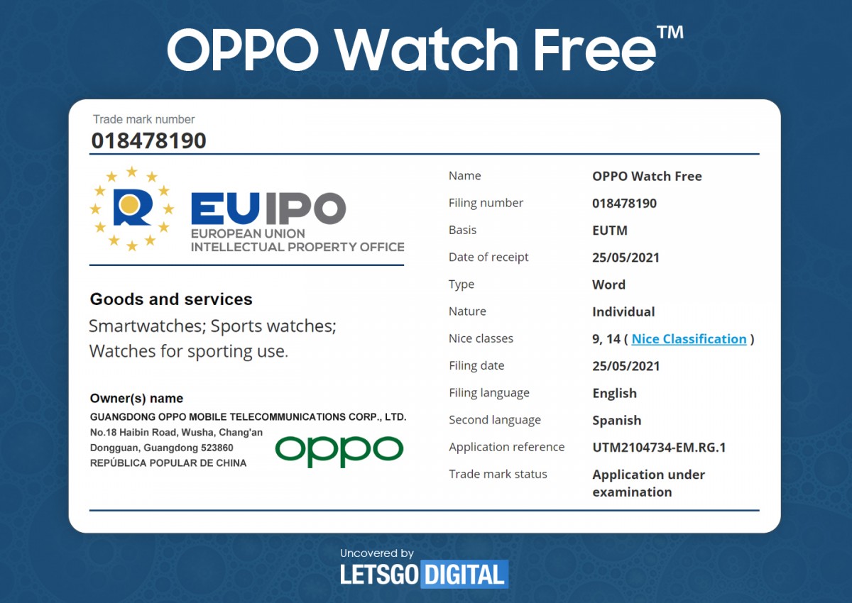 Oppo trademarks a “Oppo Watch Free”, may be a sport watch