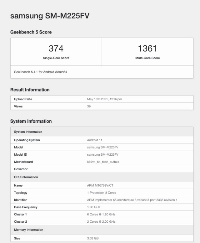 Cartão de pontuação do Samsung Galaxy M22 Geekbench