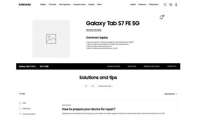 Galaxy Tab S7 FE 5G support page
