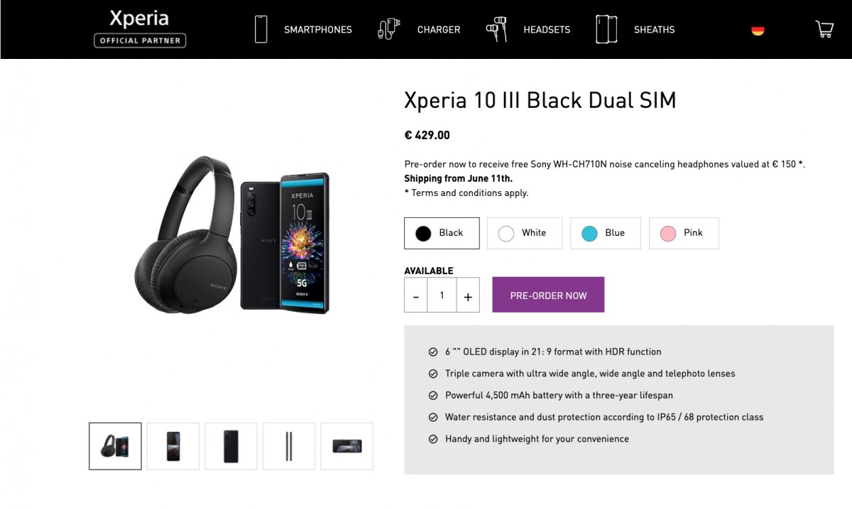 Sony Xperia 10 III on preorder in Germany free noise canceling