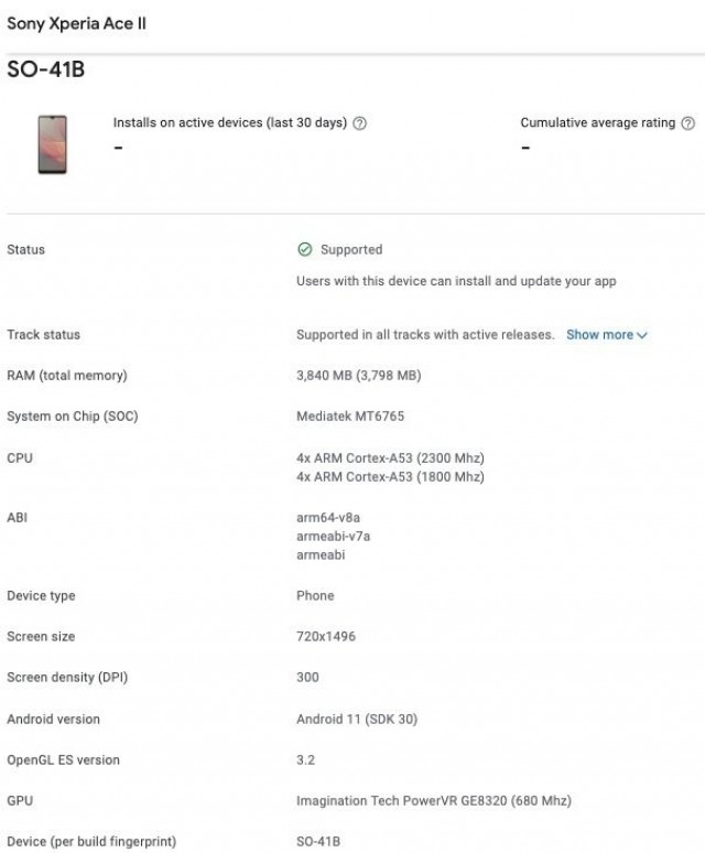 Sony Xperia Ace II no Google Play Console