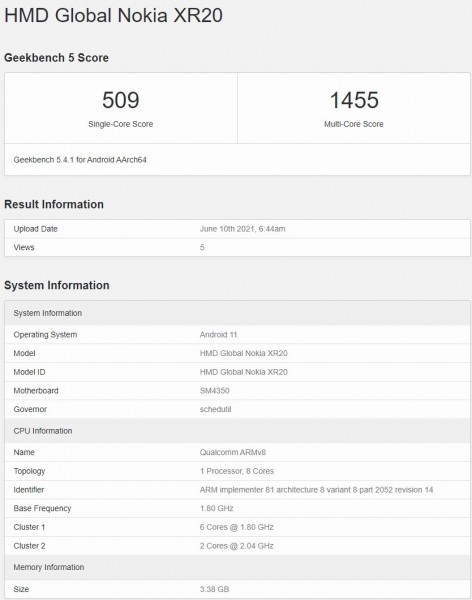 Principais especificações do Nokia XR20 reveladas pelo Geekbench