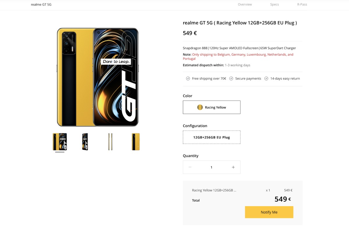 A página do Realme GT 5G que apareceu no site da UE da Realme