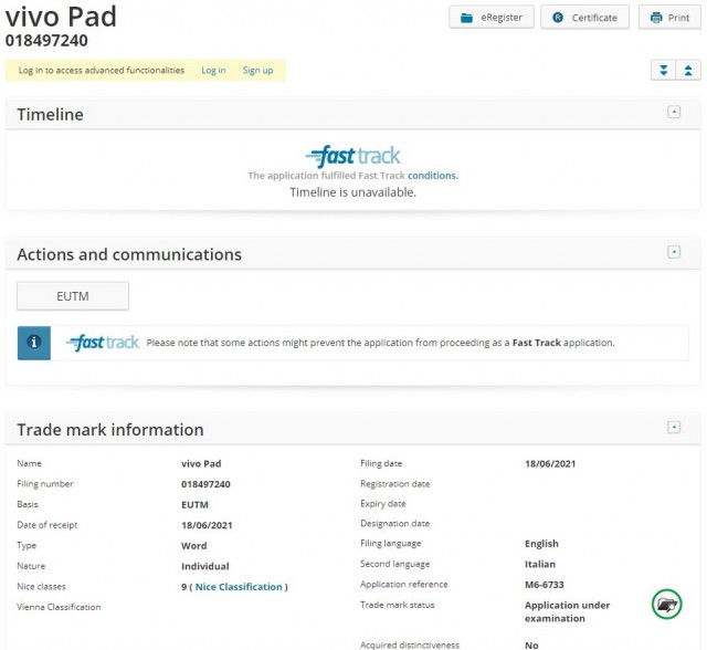 vivo Pad trademarked with EUIPO