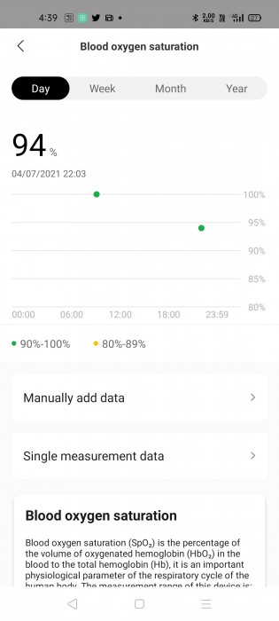 Blood oxygen level measurement with SpO2 sensor on Amazfit GTS 2