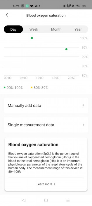 Blood oxygen level measurement with SpO2 sensor on Amazfit GTS 2