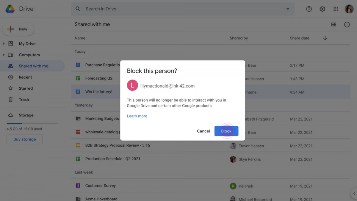 Ahora puede bloquear a otros usuarios en Google Drive