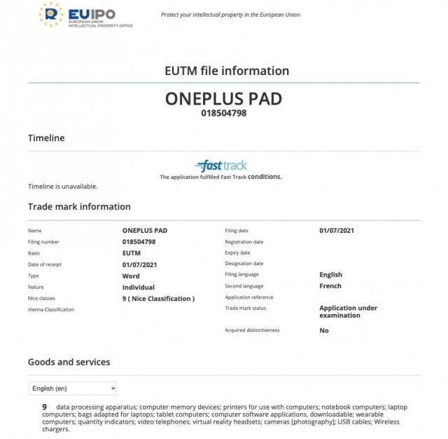 OnePlus Pad on EUIPO