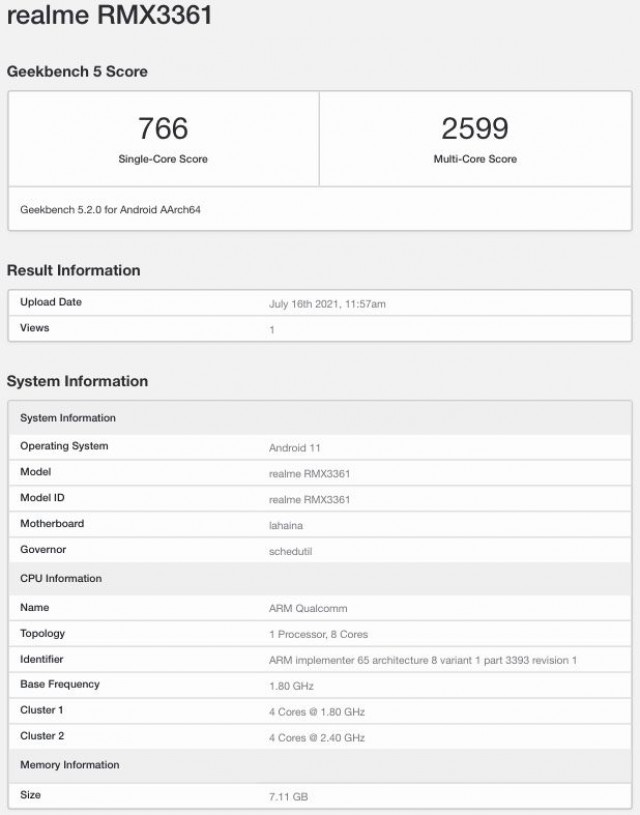 Realme Master Edition Geekbench listing