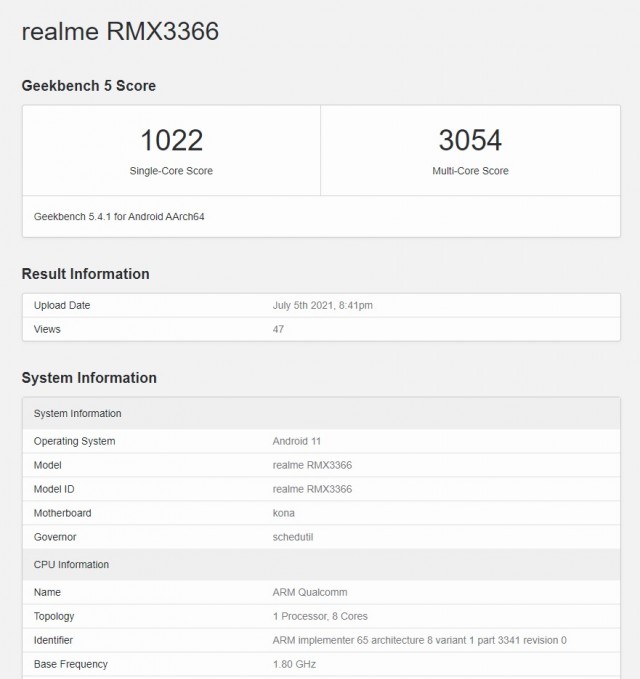 Realme RMX3366 on Geekbench