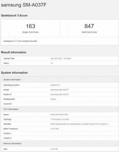 Samsung Galaxy A03s passes through Geekbench