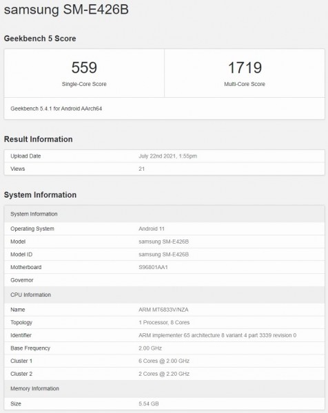 Samsung Galaxy M2 : Geekbench dévoile quelques caractéristiques