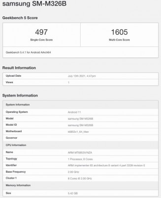 Samsung (SM-M326B) Galaxy M32 5G scorecard from Geekbench