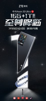 Un ZTE Axon 30 Ultra con 16 GB de RAM y 1 TB de almacenamiento estará disponible en China este viernes