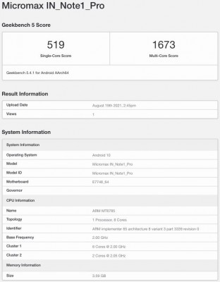 Les premiers Geekbench 5.4 sont issus du Micromax In note 1 Pro