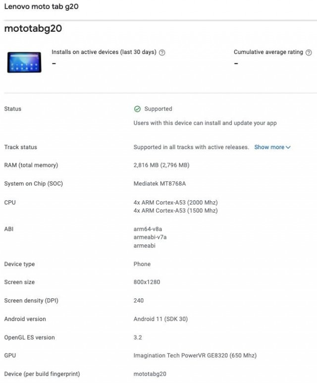Moto Tab G20 listing on Google Play Console