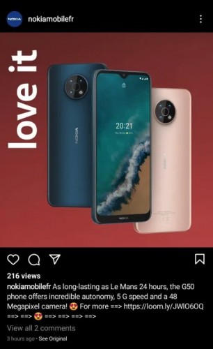 Publication Supprimée Du Nokia G50 5G Sur Instagram (Via Npu)