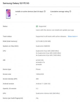 Thông tin chi tiết về Samsung Galaxy S21 FE 5G trên Google Play Console