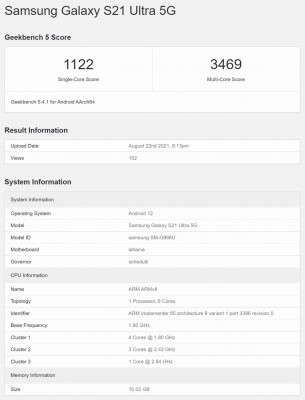 Samsung Galaxy S21 Ultra 5G running Android 12 for this Geekbench test