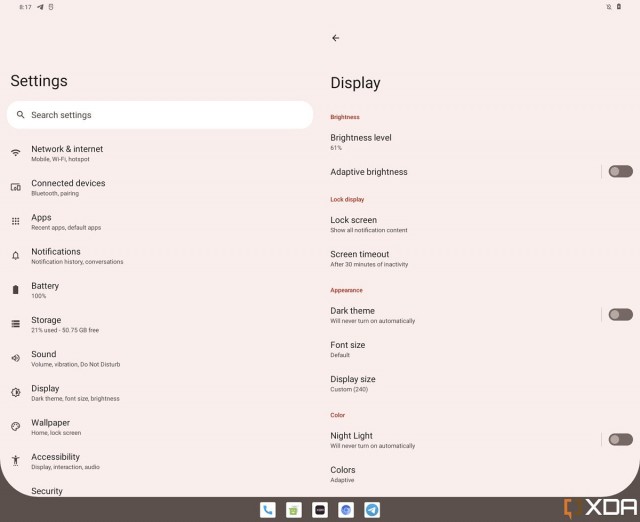 Android 12.1 Settings menu (image: XDA Developers)