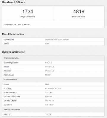 iPhone 13 Pro Max Geekbench CPU scores