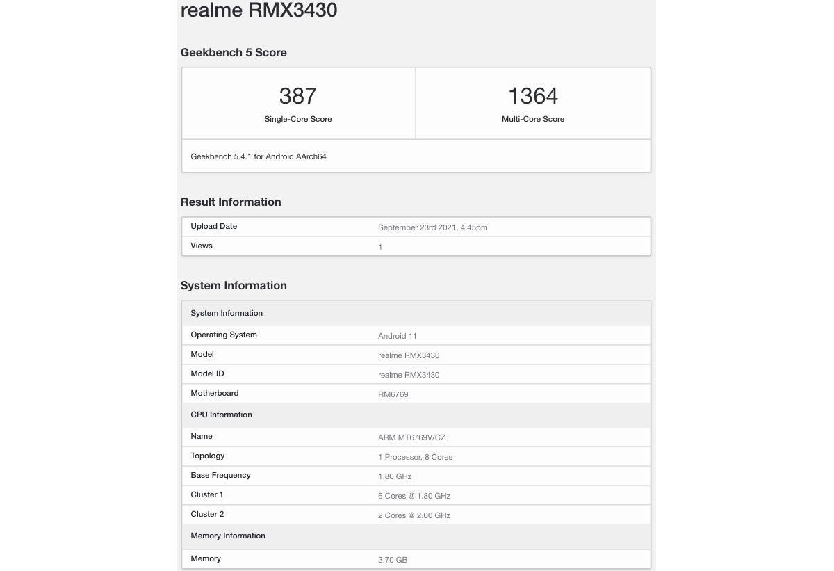 Realme Narzo 50A runs Geekbench, reveals its innards