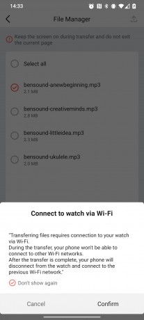 Transferring audio files over to the watch happens over Wi-Fi