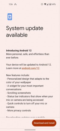 OTA update on Pixel 5 running latest build of Android 12 Beta