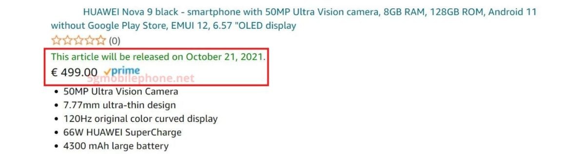 Fuite du prix et de la date de sortie de Huawei nova 9 en Europe via la liste Amazon