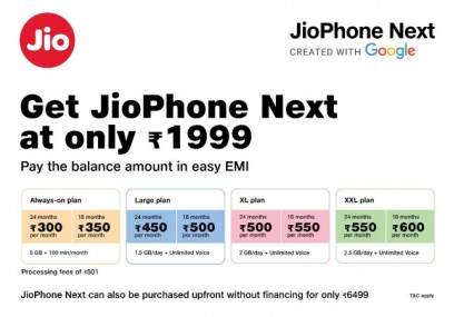 Forfaits JioPhone Next et EMI