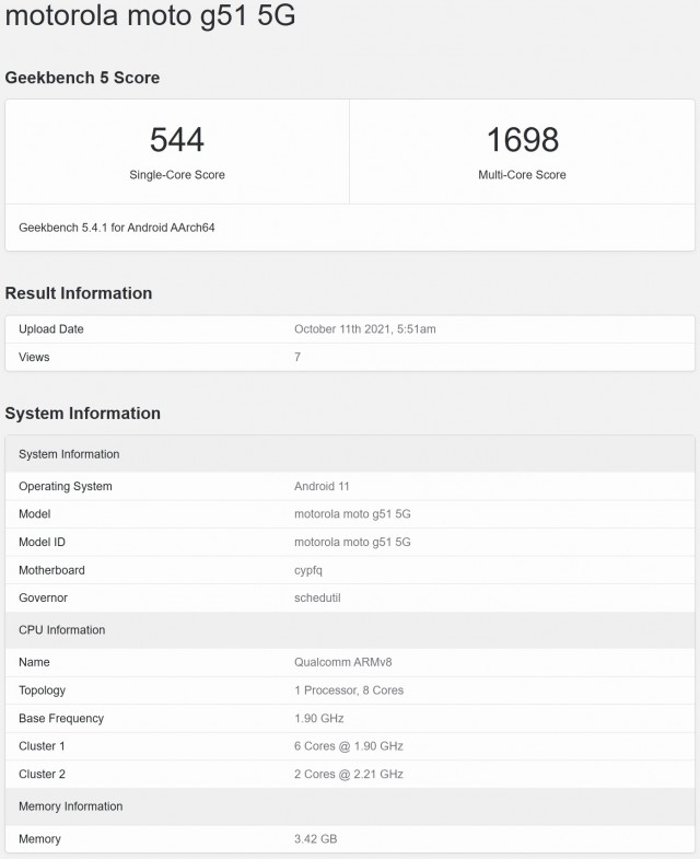 Motorola Moto G51 sur GeekBench