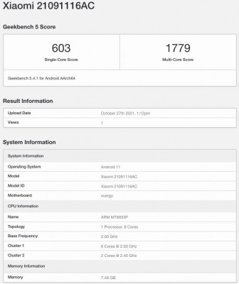 Geekbench result for Xiaomi 21091116AC - Redmi Note 11 or Poco M4 Pro 5G