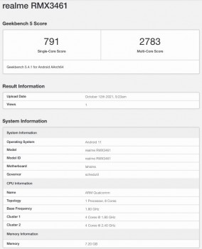 Realme Q3s with a Snapdragon 778G running Geekbench