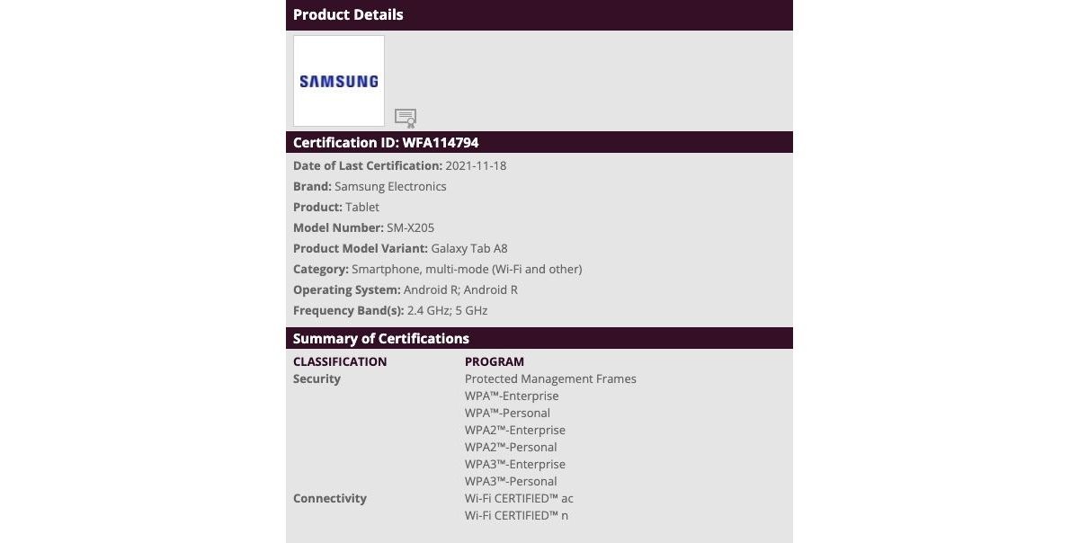 Samsung Galaxy Tab A8 telah menerima sertifikasi Wi-Fi, yang lebih dekat dengan versi