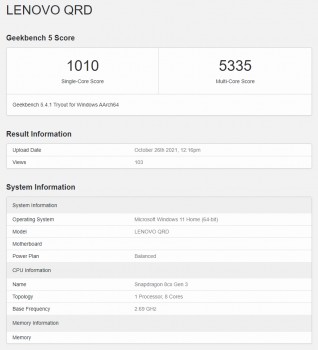 Geekbench scores: Lenovo QRD (Snapdragon 8cx Gen 3)