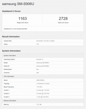 Geekbench scores: Samsung Galaxy S22+ (Snapdragon 8 Gen1)