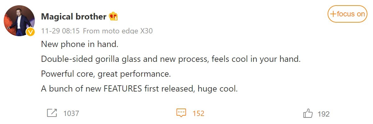 Lenovo's GM posts from a Motorola Edge X30 (aka Moto Edge 30 Ultra)