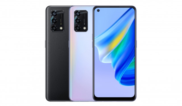 Oppo A95 en noir étoilé brillant et argent arc-en-ciel brillant