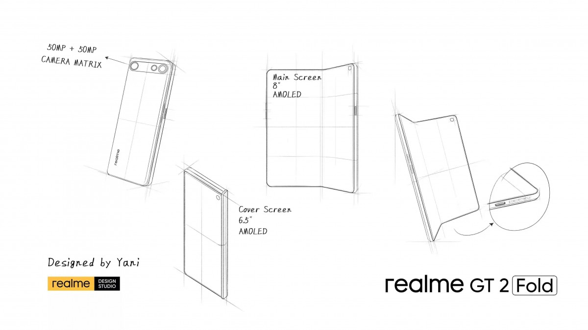 Realme GT 2 Fold sketches suggest a reverse inward hinge on the right