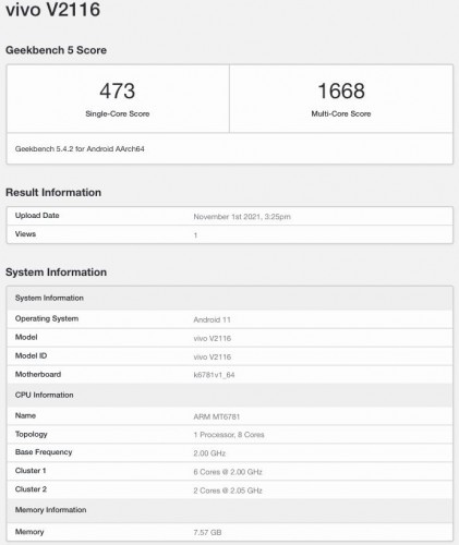 vivo V23e Geekbench 5 scores