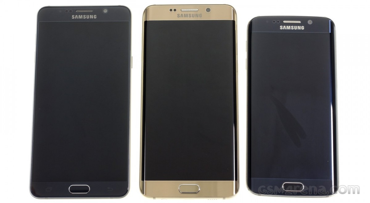 The Galaxy S6 edge+ (center) was as big as the Note5 (left), dwarfing the S6 edge (right)