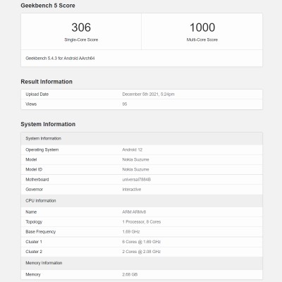 Nokia Suzume details from Geekbench: Exynos 7884B chipset, 3 GB of RAM, Android 12