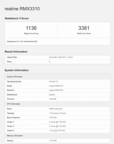 Realme GT 2 Geekbench test run