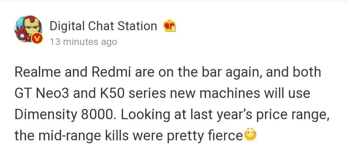 Realme GT Neo3 and Xiaomi Redmi K50 said to both use a Dimensity 8000 chipset