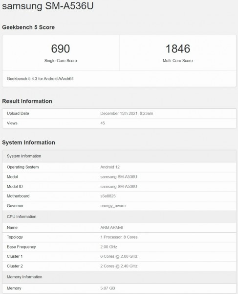 Samsung Galaxy A53 5G's key specs revealed by Geekbench