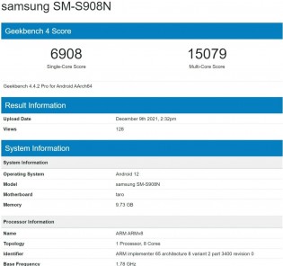 Samsung Galaxy S22 Ultra/Note with Snapdragon 8 Gen 1 on Geekbench